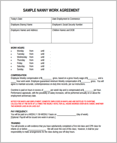 sample nanny agreement contract