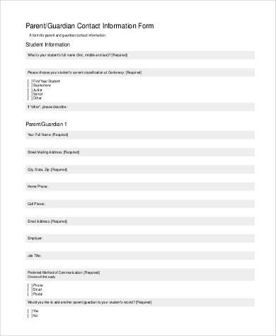sample parent contact information form