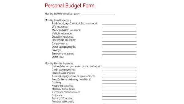 sample personal budget forms