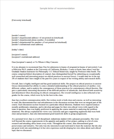 sample recommendation letter for master scholarship