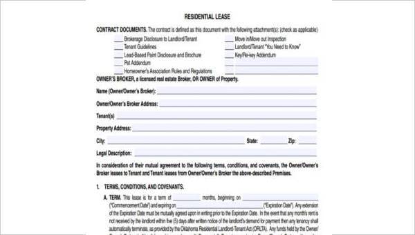 sample residential lease agreement forms