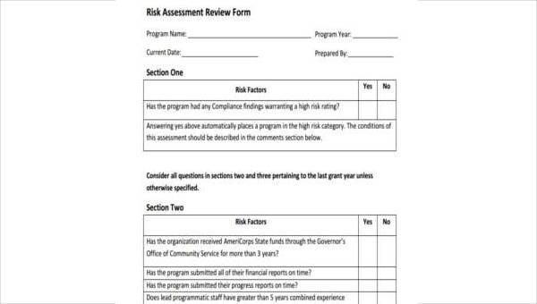 sample risk assessment review forms