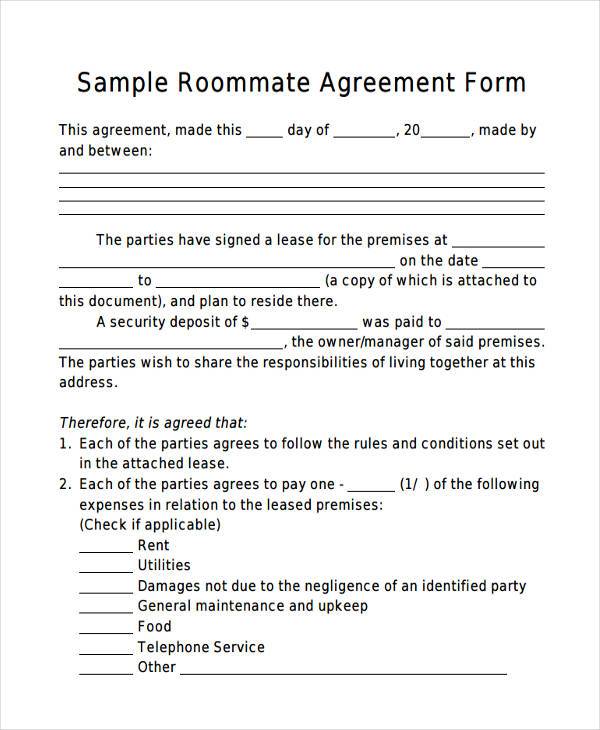 sample roommate lease agreement form