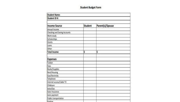 sample student budget forms