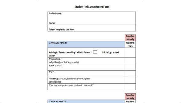 sample student risk assessment forms