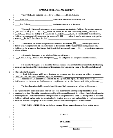 sample sublease agreement form
