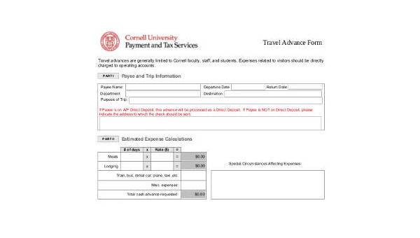sample travel advance forms