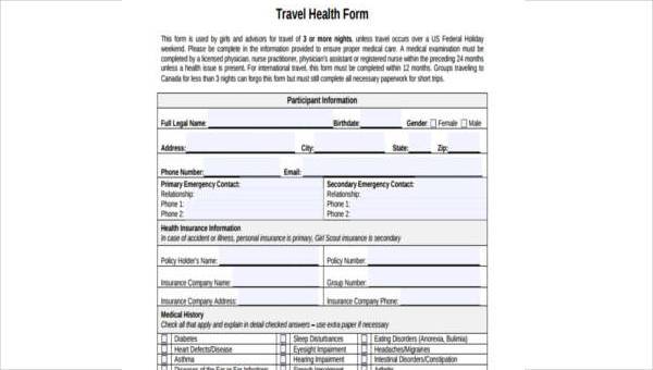 sample travel health forms