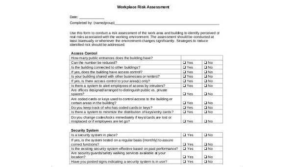 sample workplace risk assessment forms