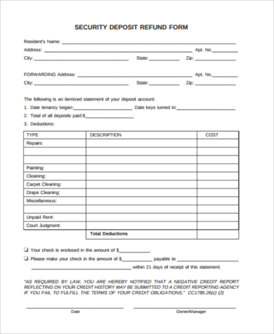 free 9 sample security deposit return forms in pdf ms word