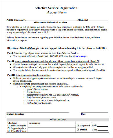 selective service registration appeal form example