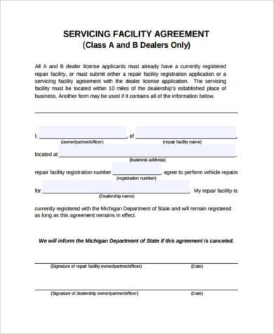 servicing facility agreement form