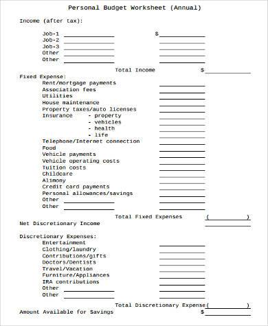 simple personal annual budget form