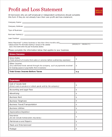 simple profit and loss statement template