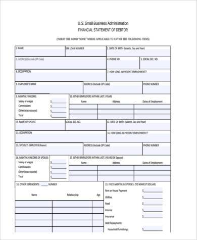 small business financial statement form