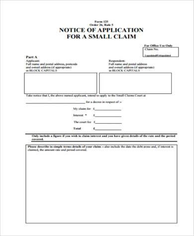 small claim application form