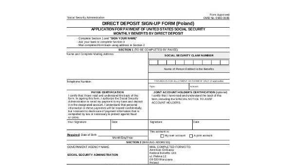 social security direct deposit form samples