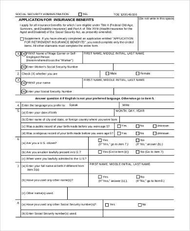 Social Security Insurance Application Form Image