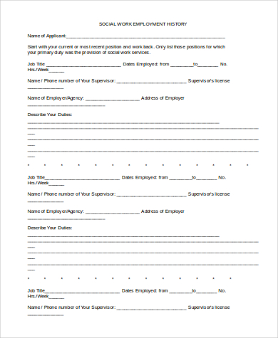 social work employment history form