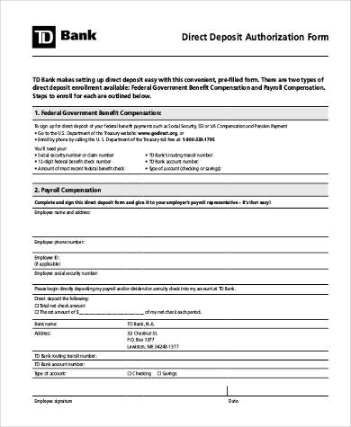 standard direct deposit authorization form