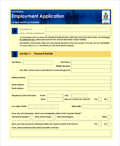 standard employment job application form