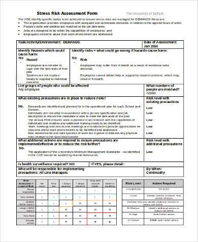 stress risk assessment form sample