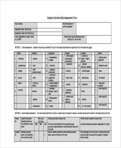 student activities risk assessment form