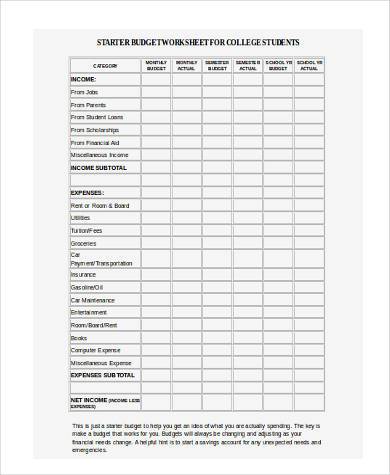 student budget form in word format