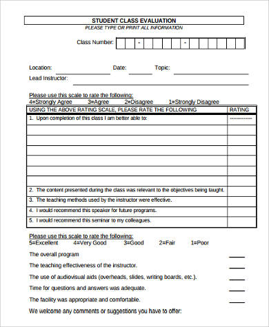 student class evaluation form