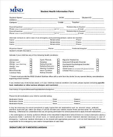 student health information form