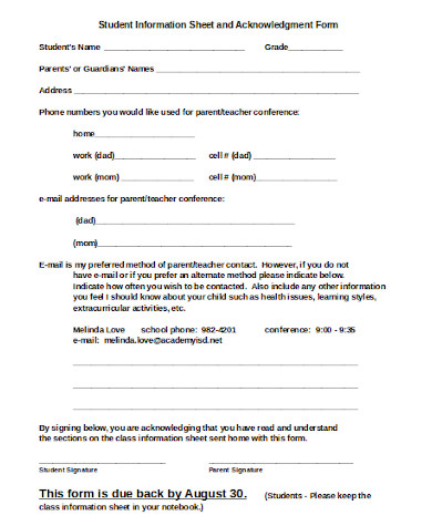 student information sheet and acknowledgment form