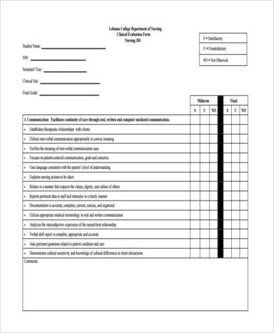 student nurse evaluation form