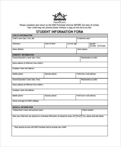student parent information form