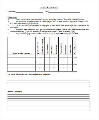 student peer evaluation form