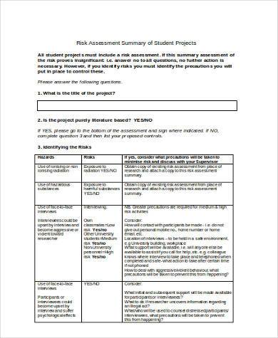 student risk assessment form in word format