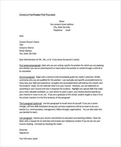 cover letter examples for teacher 8 free documents in