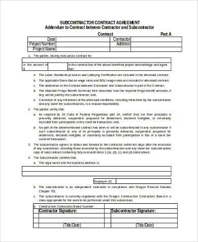 subcontractor contract agreement form