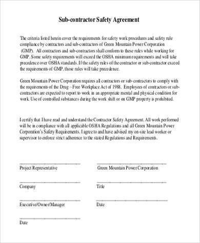 subcontractor safety agreement form