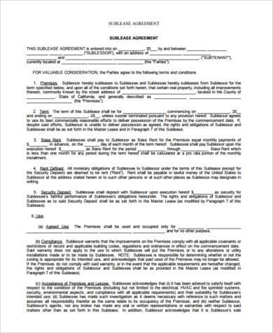 sublease agreement form example