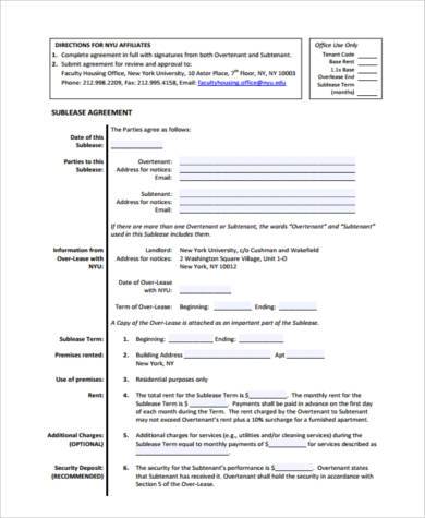 sublease apartment agreement form1