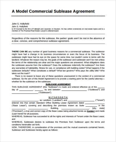 sublease business agreement form