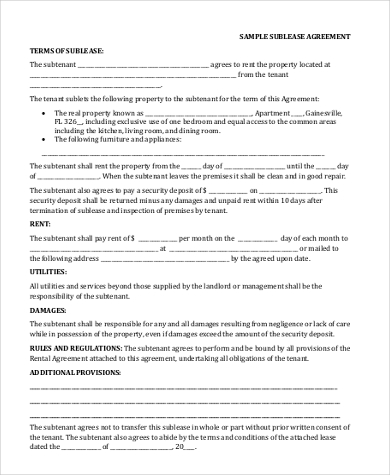 sublease rental agreement form