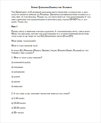 questionnaire sample for students