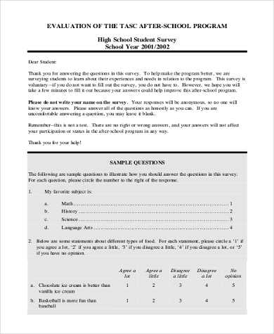 examples of questionnaires for students