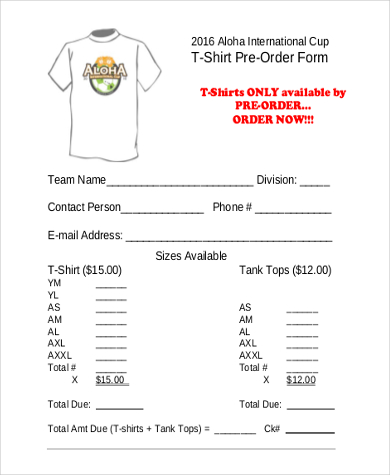 free 9 sample t shirt order forms in pdf ms word excel