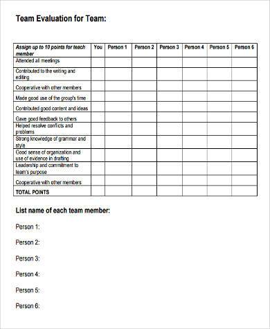 team evaluation form for team
