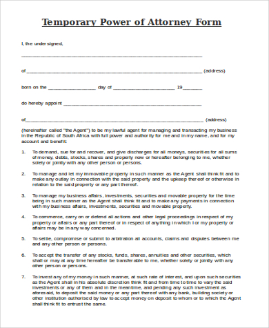 temporary power of attorney form