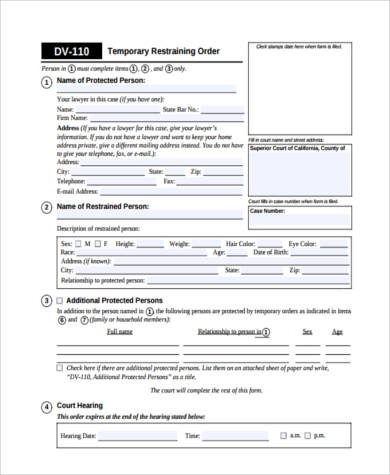 FREE 8  Restraining Order Form Samples in PDF MS Word