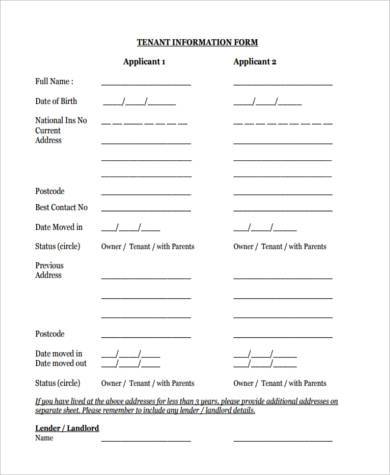 tenant information form example