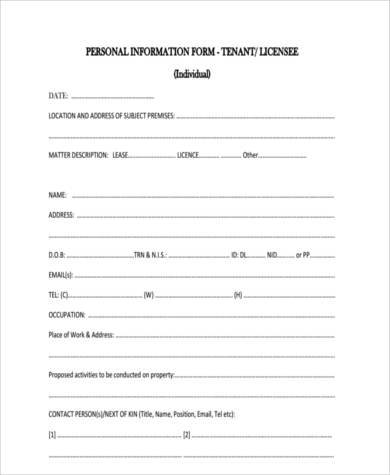 tenant personal information form